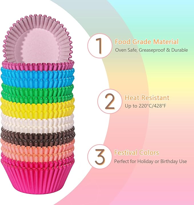 Rainbow Standard Cupcake Liners 400 Count Colorful Paper Baking Cups Disposable Cupcake Wrappers for Holiday and Party Baking Supplies