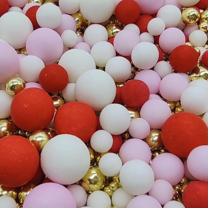 Edible Red & Pink & White & Gold Sugar Pearls Sprinkles Candy Mix Size Pearls Cake Decorations Cupcake Toppers Decorating Perfect for Wedding Party Valentine Christmas Supplies 4.58OZ