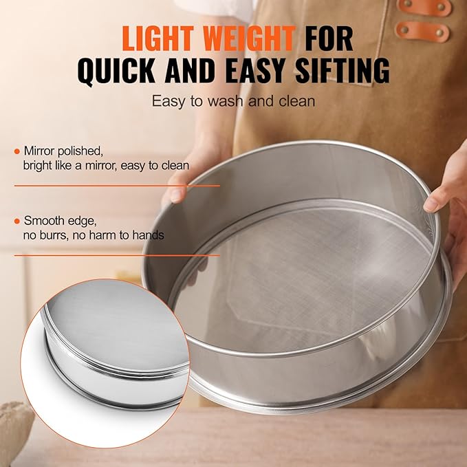 VEVOR Flour Sieve Fine Mesh, 40 Mesh Sifter, 304 Stainless Steel Sifter Food-grade, Dia. 12.6" Fine Mesh Strainers for Baking, 5 Sizes Mesh hole for Mungbean, Rice, Flour, Pearl Powder