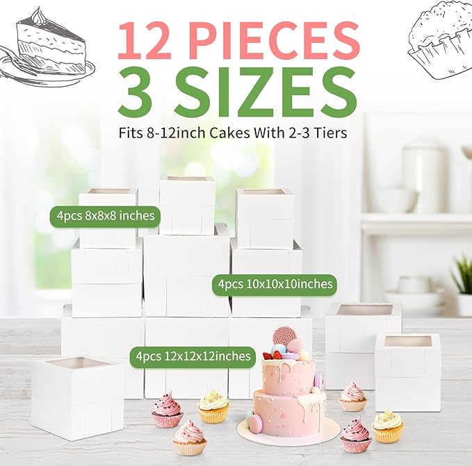Moretoes 12 Pcs Cake Box, Tall Cake Boxes with Window in 3 Sizes 12x12x12 10x10x10 8x8x8 Inches, Bakery Boxes Disposable Carrier Take Out Container, 2 or 3 Tier for Valentine's Day Mother's Day