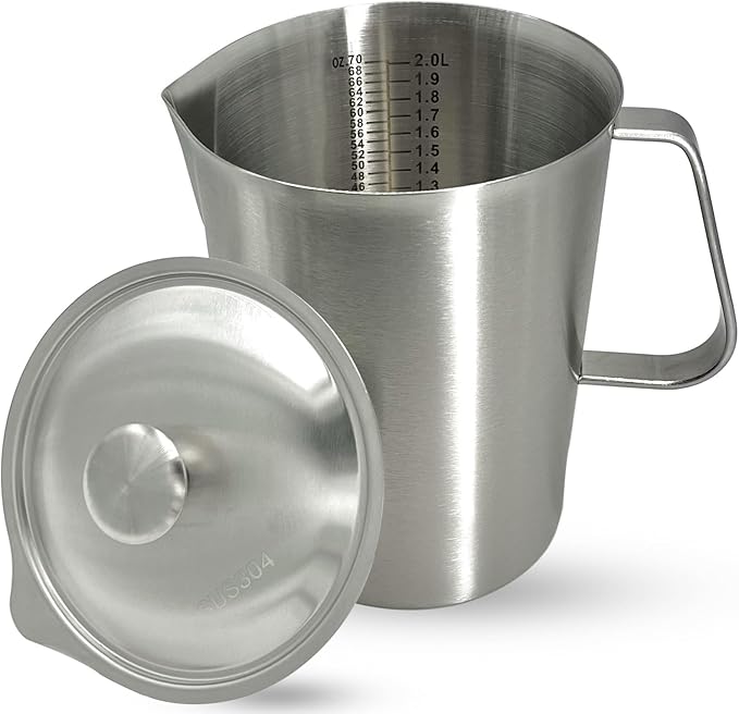 Stainless Steel Pitcher with Lid, 70 oz Large Metal Measuring Cup with Handle, 8 Cup Milk Frothing Jug 2 Liter Water Pitcher for Coffee Latte Art Cappuccino Espresso Machine Accessories