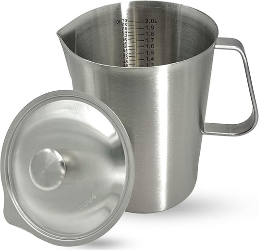Stainless Steel Pitcher with Lid, 70 oz Large Metal Measuring Cup with Handle, 8 Cup Milk Frothing Jug 2 Liter Water Pitcher for Coffee Latte Art Cappuccino Espresso Machine Accessories