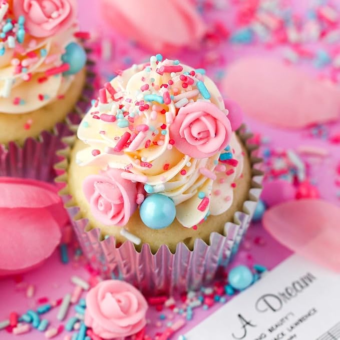 Sprinkle Pop Briar Rose Princess Sprinkle Mix| Pink and Blue Sprinkles with ~12 Hand Piped Royal Icing Roses| Birthday Sprinkles Made in USA for Decorating Cake Cupcakes Donuts Cookies Ice Cream, 4oz