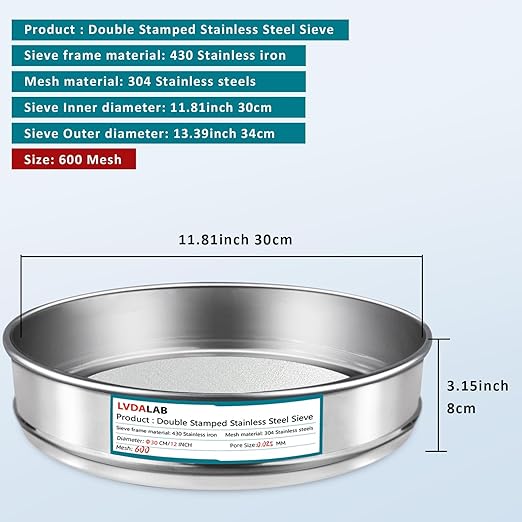 304 Stainless Steel Lab Sieve Screen Mesh, 600 Mesh(0.025mm) Aperture Test Sieve, 12Inch(30cm) Diameter Economy Standard Analysis Sample Test Sieves for Industrial Laboratory Homes