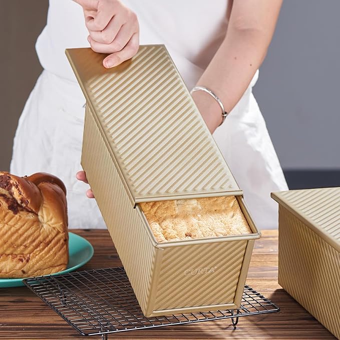 CURTA Commercial Pullman Loaf Pan with Lid 2.2 lb Dough Capacity Non-Stick Bakeware for Baking Bread Corrugated Bread Toast Mold extra large loaf pan Champagne Gold 1pcs