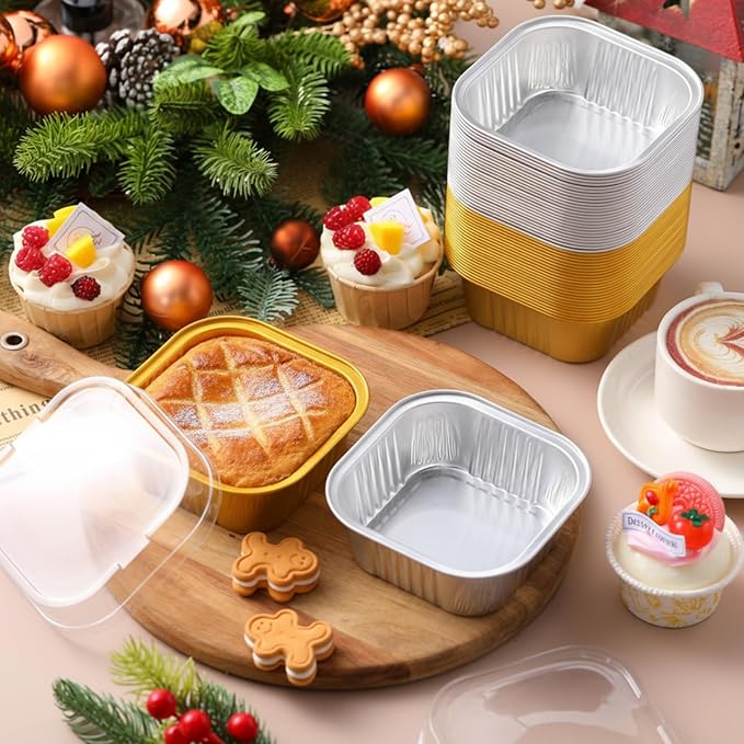 Aoriher 150 Pieces 10 oz Mini Cake Pans with Lids Aluminum Foil Baking Cups Square Disposable 4" x 4" Large Cupcake Cups Baking Tins for Kitchen Brownie Pudding Desserts Holders(All Golden,All Silver)