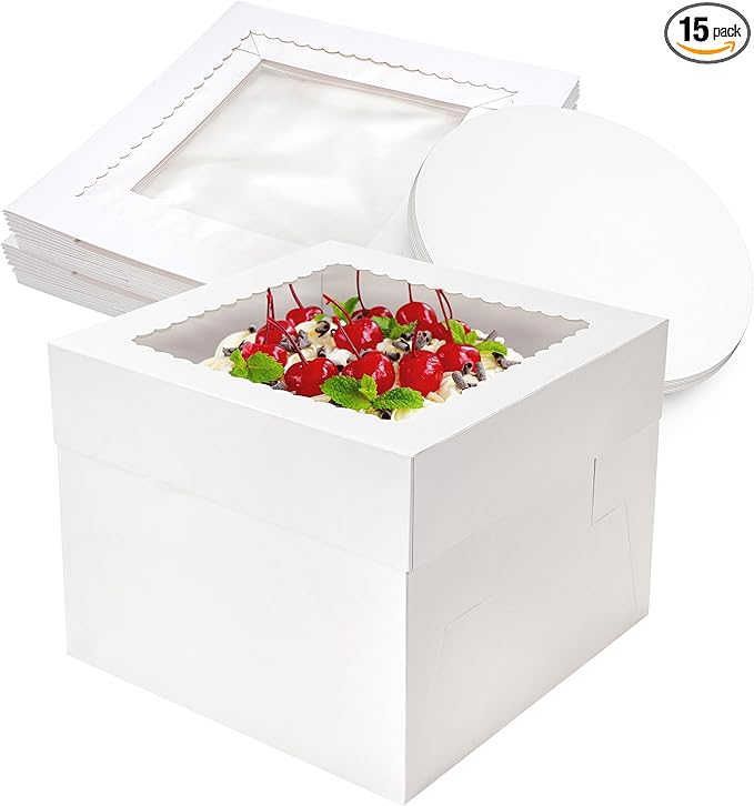Cake Boxes 10×10×8 inch White Tall Cake Boxes with Window Cajas Para Pasteles for Cakes, Pies, Pastries, Birthday, Party (15 Pack)