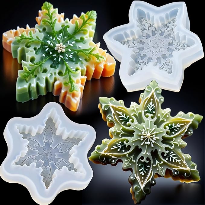 Snowflake Silicone Molds Christmas Snowflake Soap Molds Snowflakes Candle Mold 3D Christmas Silicone Chocolate Mold for Making Handmade Soaps Candles Bath Bomb Cookie Cake Candy Chocolate (2 White)