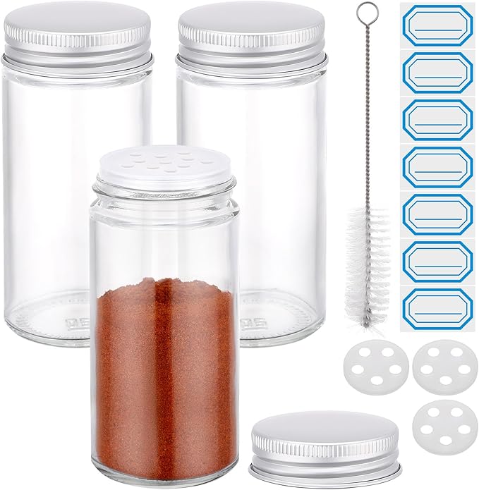 Segarty 4oz Spices Jars with Silver Aluminum Lid, 3 Pack 120ml Round Spice Containers, Empty Glass Seasoning Organizers for Spices Storage, Small Salt and Pepper Shakers with 7 Stickers, 1 Brush