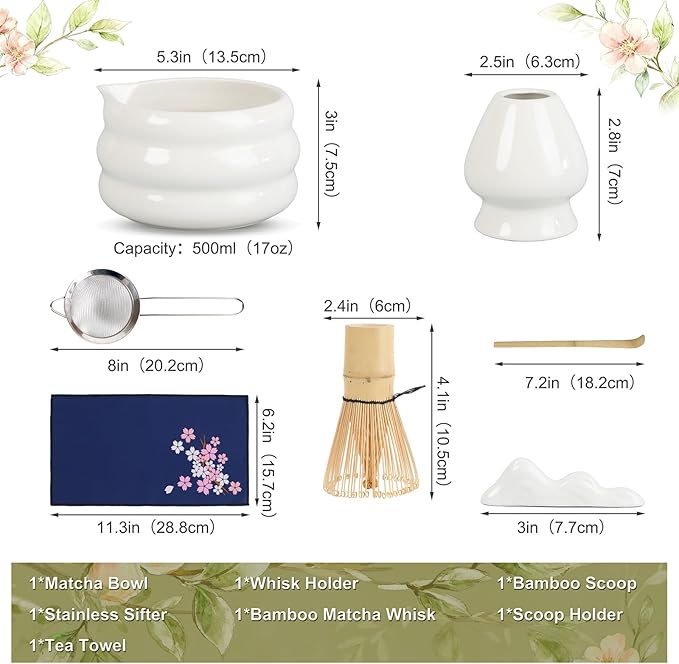 White Matcha Whisk Set, Ceramic Matcha Kit Set Includes Matcha Bowl, Matcha Whisk and Holder, Bamboo Scoop, Scoop Rest, Sifter and Tea Towel - 7 Pcs Matcha Kit for Matcha Lovers
