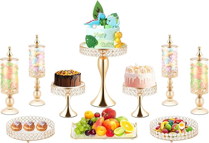 Pack of 10 Cake Stand Set with 4 x Candy Jars, 3 x Cake Stands, 2 x Round Cake Trays, 1 x Serving Tray, Dessert Table Display Set with Crystal Beads for Birthday Baby Bridal Shower Party