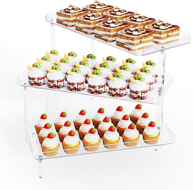 3 Tier Cupcake Stand, Acrylic Dessert Table Display Set with LED Light Premium Holder Dessert Serving Tray for Birthday Candy Bar Décor Weddings, Parties Events (Yellow Light)