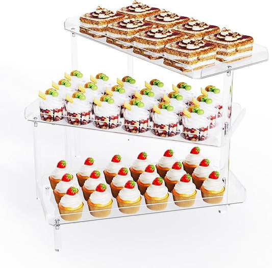 3 Tier Cupcake Stand, Acrylic Dessert Table Display Set with LED Light Premium Holder Dessert Serving Tray for Birthday Candy Bar Décor Weddings, Parties Events (Yellow Light)
