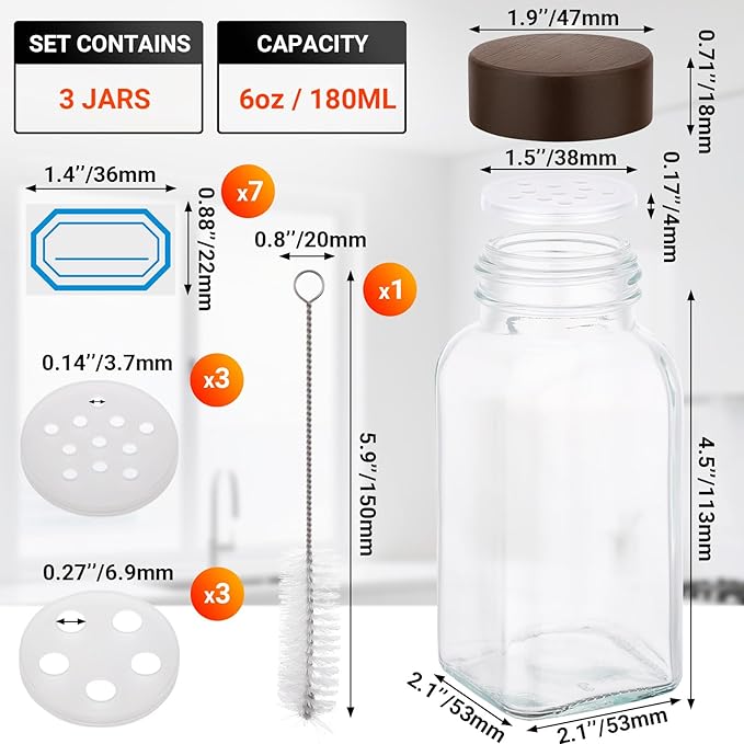 Segarty 6oz Spice Jar with Wood Lids, 3 PCS 180ml Square Condiment Containers, Empty Glass Seasoning Organizers Spices Cereal Storage Bottles, Large Salt and Pepper Shakers with 7 Stickers and 1 Brush