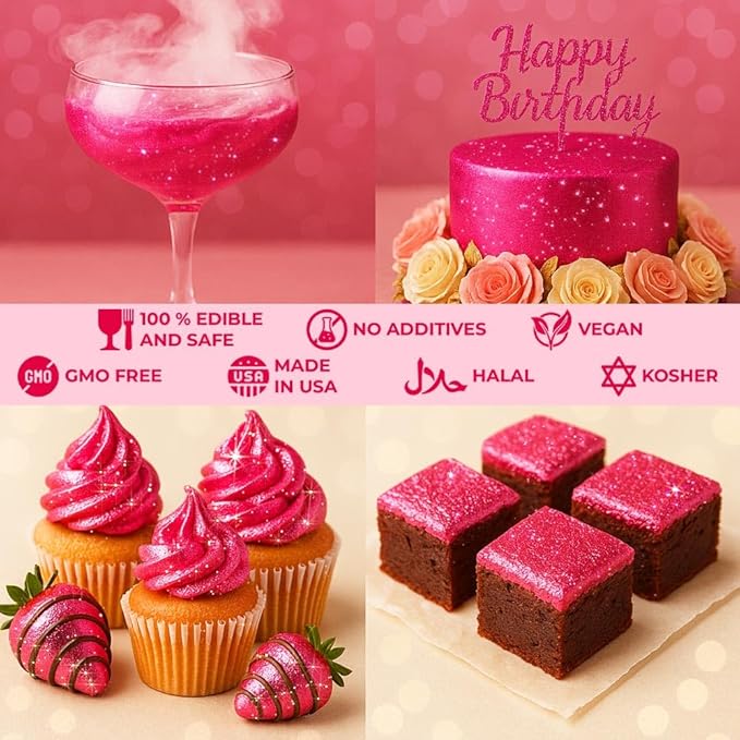 Bulk (20g) Pink Edible Glitter for Drinks | Premium Pink Edible Glitter for Cakes Drink - Shimmer Glitters Cake Decorations for Strawberries Cocktail Shimmering