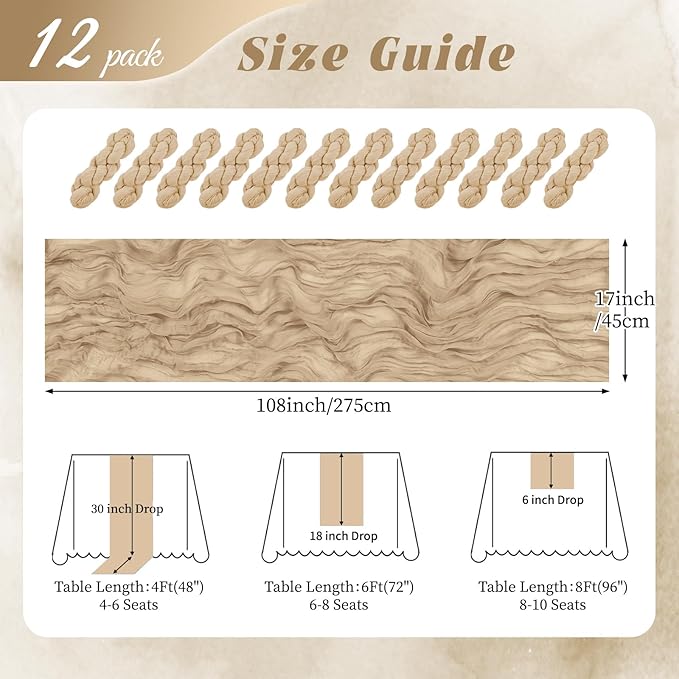 12 Pack Beige Cheesecloth Table Runner 17x108 Inch Semi Sheer Boho Gauze Cheese Cloth Fabric Table Runners, for Wedding Party Baby Shower Birthday Home Decor Garden Farmhouse