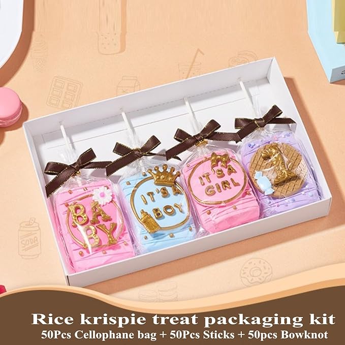 RomanticBaking 50 Sets Clear Rice Krispie Treat Bags with Brown Ribbon Bow and Stick & Flat Cellophane Clear Bags for Rice Krispie Treats Gift Giving Bag(Gold)