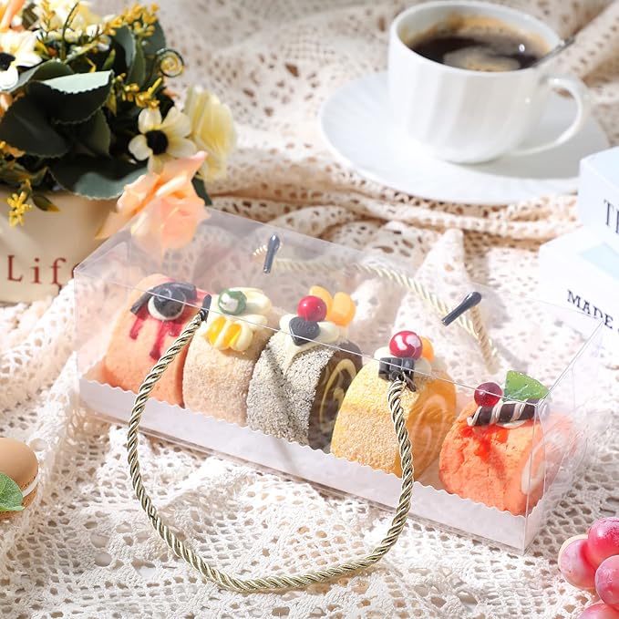 Eaasty 30 Pcs 9 x 3 x 3 Inch Clear Cupcake Boxes with Handles Portable Gable Boxes Paperboard Plastic Rectangular Cupcake Containers Dessert Cookies Bakery Gift Containers for Christmas Party