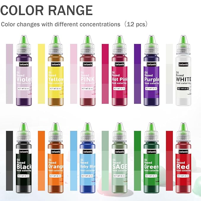 Oil Based Food Coloring Set for Chocolates Melts - Tasteless 12 Colors Edible Oils Food Dye Candy Decorating, Oil Food Color Baking Frosting Cake Decorations, 8ml/Bottle