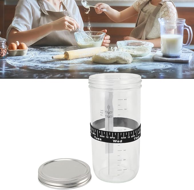 Sourdough Bread Starter Kit, Glass Jar with Markings and Thermometer for Ideal Yeast Fermentation, Bread Making Supplies for Home Bakers, 1000ml, 34oz