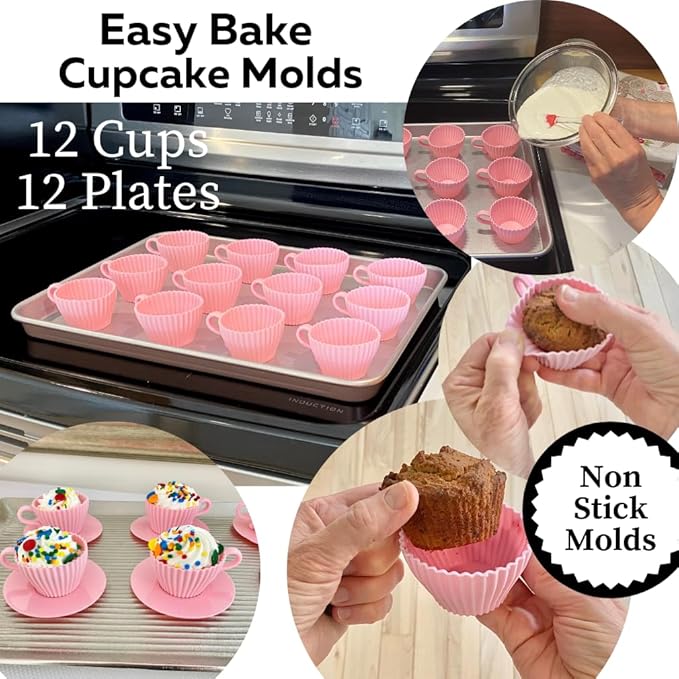 Evelots Baking Cupcake Molds - Silicone Teacup Set - 48 Pc Set - Oven-Safe - Nonstick - Muffin Cups for Bridal/Baby Shower, Birthday/Tea Party - 24 Cups & 24 Saucers - BPA Free
