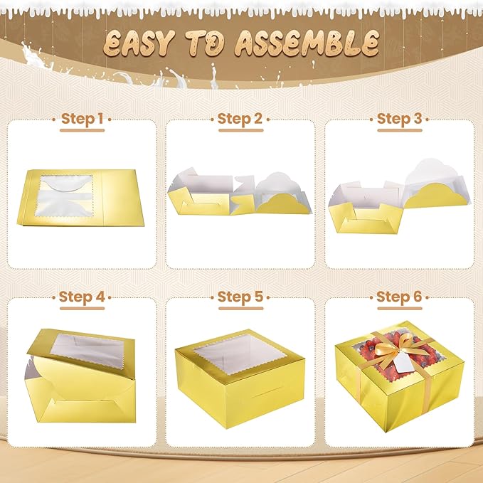 32Pcs 10 Inch Cake Boxes with Cake Boards (16Pcs Gold Cake Boxes, 16Pcs Cake Boards), 10x10x5 Inch Bakery Boxes with Window, Cake Carrier Container for Birthday Party, Wedding