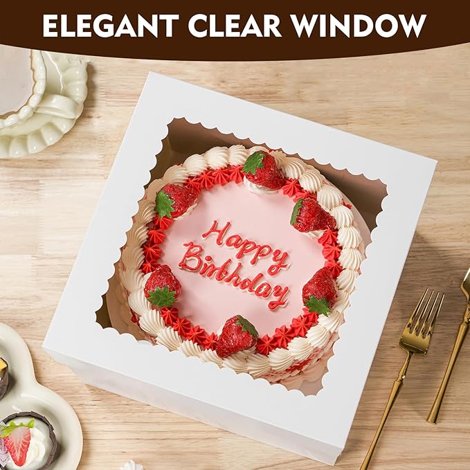 20 Pcs Cake Boxes, 10x10x8 Inch Tall Cake Box with Window, White Cake Boxes 10 Inch, Large Square Cake Box, Disposable Bakery Boxes for Cake Pastry Desserts Cookies Pies Wedding Birthday Party