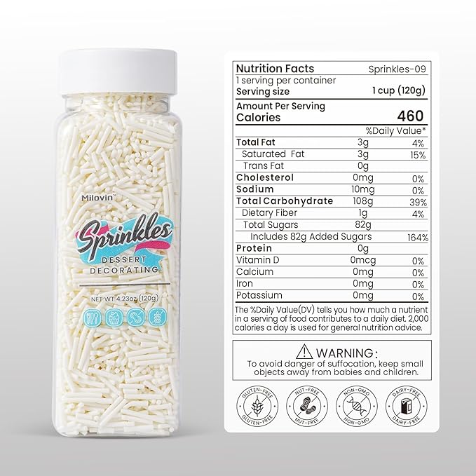 Edible White Sprinkles, White Jimmies Sprinkles, Jimmies for Cake Decorating, Cupcakes, Cake Toppers, Macarons, Cookies, and Ice Cream Toppers(120g/4.23oz)