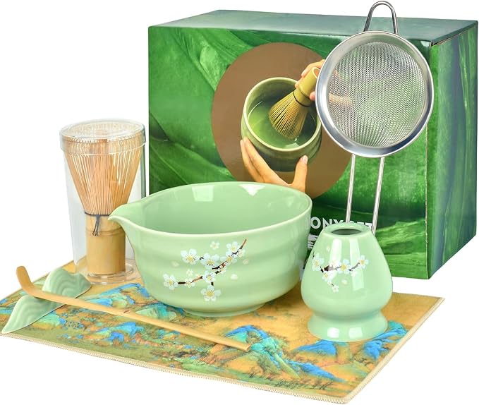 Matcha Whisk Set, 7 Pcs Ceramic MatchaSet with Matcha Bowl, Matcha Whisk and Holder, Bamboo Scoop, Scoop Rest, Sifter and Tea Towel (Green)
