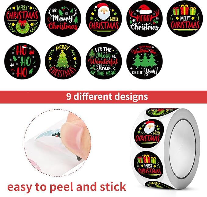 SHYGO® 1“ Christmas Labels Stickers, Round Merry Christmas Seals Xmas Decorative Stickers with Elk and Bells Elements for Envelope Gift Bag Box, 1000 Pcs 2 Rolls