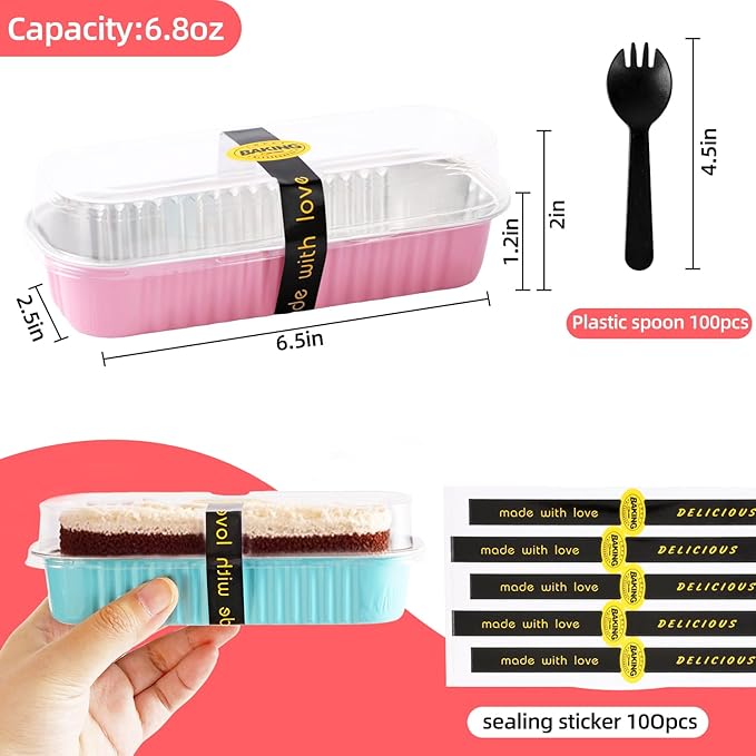 Mini Loaf Pans with Lids and Spoons Sealing Sticker,120 Pcs 6.8oz Cake Pans for Baking Disposable Aluminum Foil Christmas Cake Pan (mixed)
