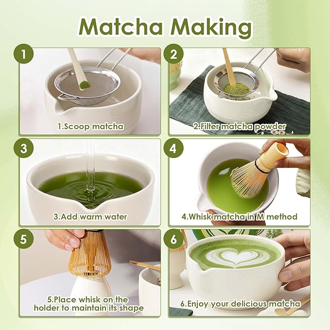 cjc 7-Pcs Matcha Whisk Set, Matcha Set for Beginner-18oz Ceramic Matcha Bowl with Spout, Bamboo Whisk and Holder, Scoop, Sifter ect.– Ceremony Matchas Powder Kit Complete Gift for Matcha Lover (White）