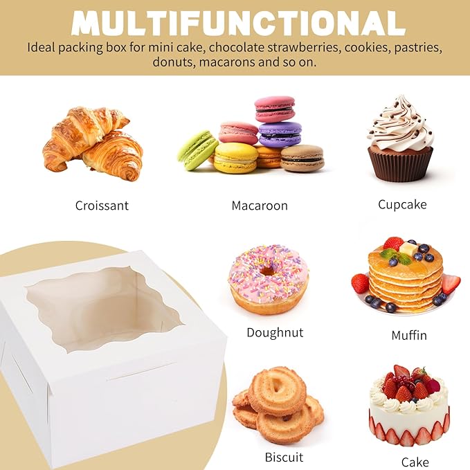 30pcs Cookie Boxes with Window, 6x6x3 Inches White Bakery Boxes, 36 Pcs Stickers,for Small Cookies, Treats, Candy, Desserts, Chocolate Covered Strawberries,Mini Cake Boxes