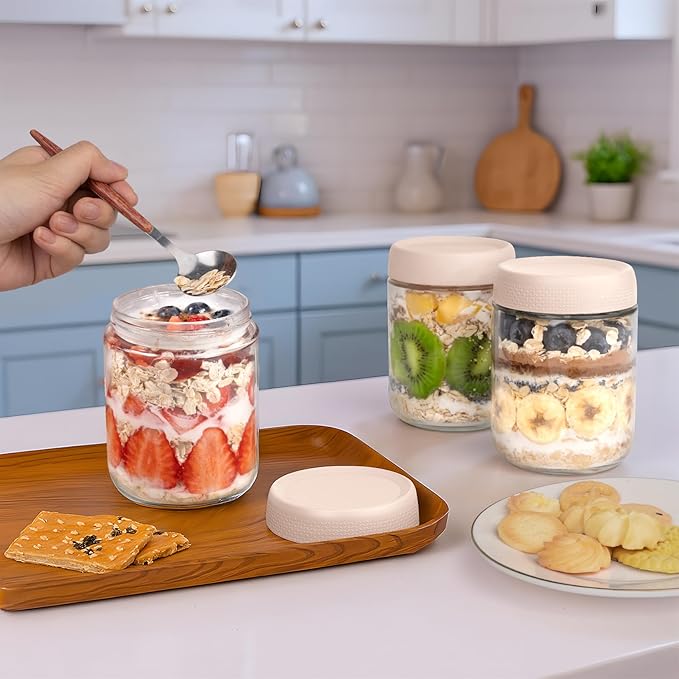 Overnight Oats Containers with Lids, 16oz Glass Storage Containers with Lids, Wide Mouth Mason Jars, Glass Jars with Airtight Lids for Salad, Yogurt, Chia Seed, Pudding, Meal Prep 6-Pack