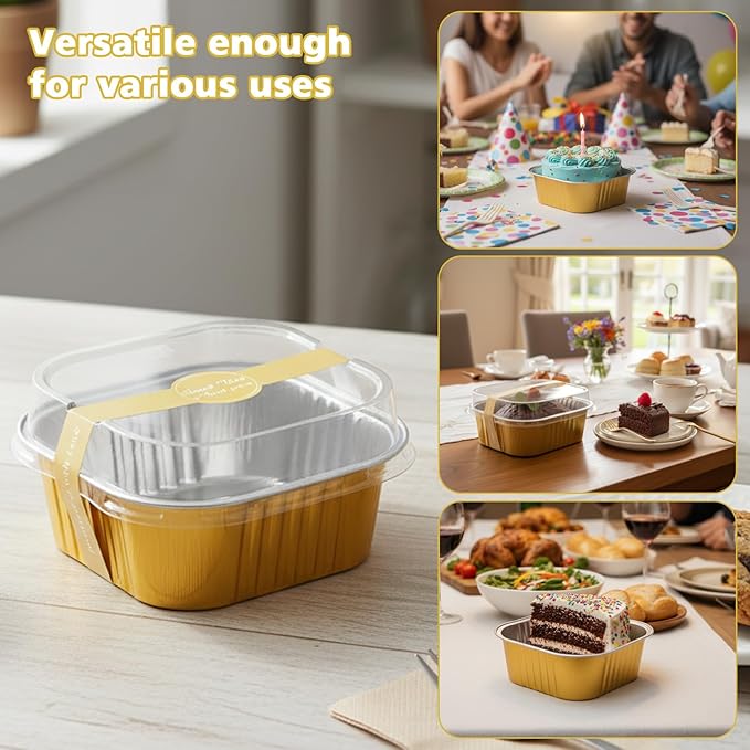 Ruckae 10oz 100 Pcs Square Mini Loaf Pans with Lids-Disposable Foil Dessert Containers,Mini Cake Pans with Lids,Aluminum Dessert Cups for Parties and Weddings (Gold, 10oz)