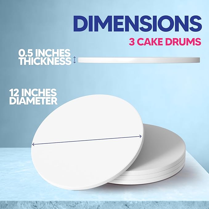 RICCLE 12 Inch Cake Drum Pack of 3 - Smooth-Edged - Sturdy Boards Round - Bend Resistant Multi-Layered Cake Base for Minimalist Displays