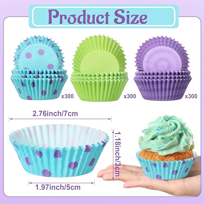 Vesici 900 Count Cartoon Monster Cupcake Liners Monster Themed Paper Cupcake Wrappers Green Purple Blue Muffin Baking Cups Cake Holder for Cake Decoration Baby Shower Birthday Party Supplies