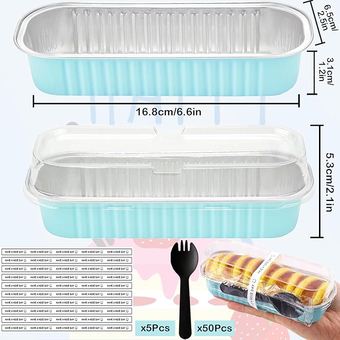 50 Pack Mini Loaf Pans with Lids and Spoons, 6.8 Oz Mini Cake Pans with Lids for Baking, Disposable Rectangle Aluminum Foil Loaf Pan with Stickers，Small Cake Containers Tin（Blue）