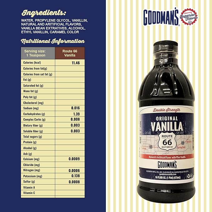 Goodman's Route 66 - Double Strength Vanilla Flavor - Artificial, Gluten-Free, Non-GMO, Low Carb & Calorie, No Sugar - 100-Year-Old Recipe - 1 Pint