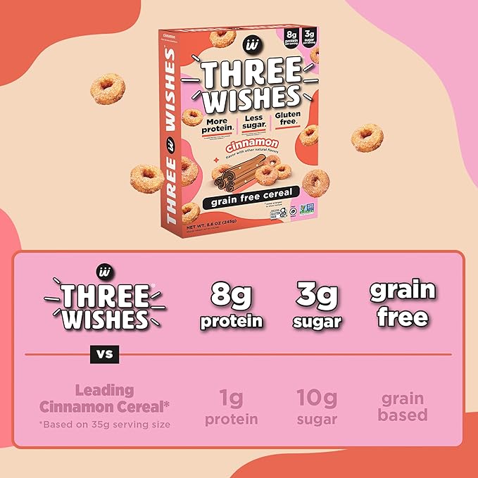 Three Wishes Grain-Free & Protein Cereal - Healthy, Low Sugar & Gluten-Free Breakfast Cereal - Low Carb, Plant-Based, Vegan & Non-GMO - Cinnamon, 6-Pack