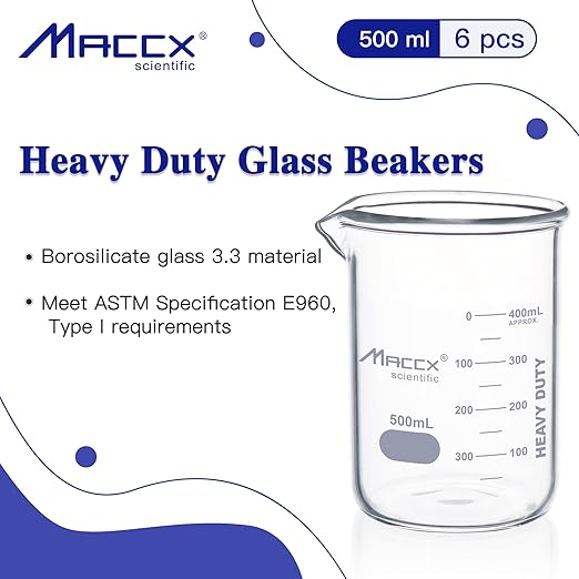 16.9oz(500ml) Sturdy Glass Beaker, 3.3 Borosilicate Griffin Low Form with Printed Graduation, Pack of 6, BKL500-006