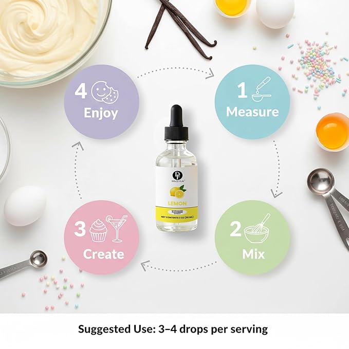 Natural Lemon Extract – Crisp Lemon Flavoring for Drinks, Baking, Desserts, Cocktails & Mocktails | 2 oz Glass Bottle with Graduated Dropper | Fresh Citrus Taste | Dolce Flav