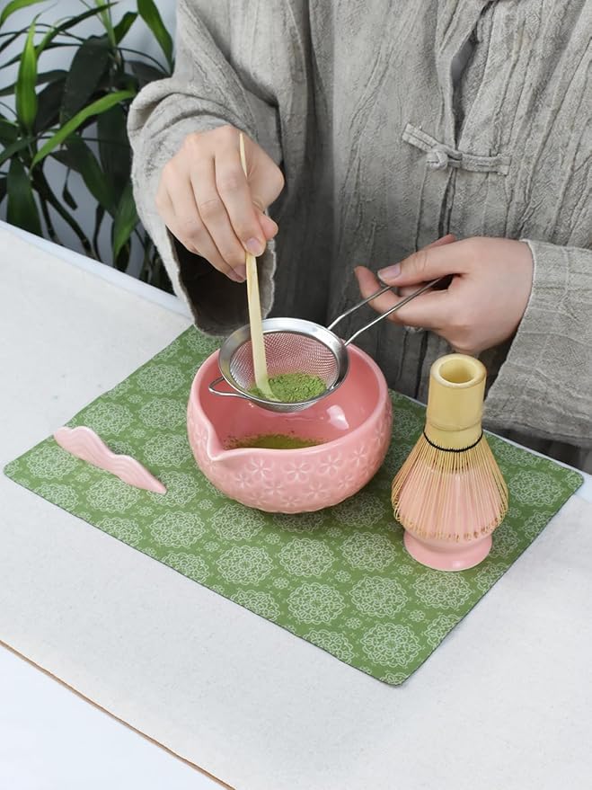 Artcome Matcha Tea Set – Pink Sakura Embossed Ceramic Bowl 17oz with Bamboo Whisk, Whisk Holder, Strainer, Scoop, Tea Spoon, Cloth – Complete Japanese Matcha Kit for Tea Ceremony & Gift