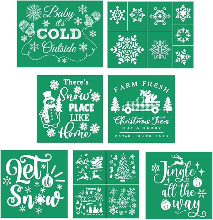 DGAGA 7PCS Christmas Silk Screen Stencils Reusable Self Adhesive Christmas Tree Chalk Mesh Transfers Silkscreen Pattern Stencil for Xmas Decoration, DIY Home and Wood Signs