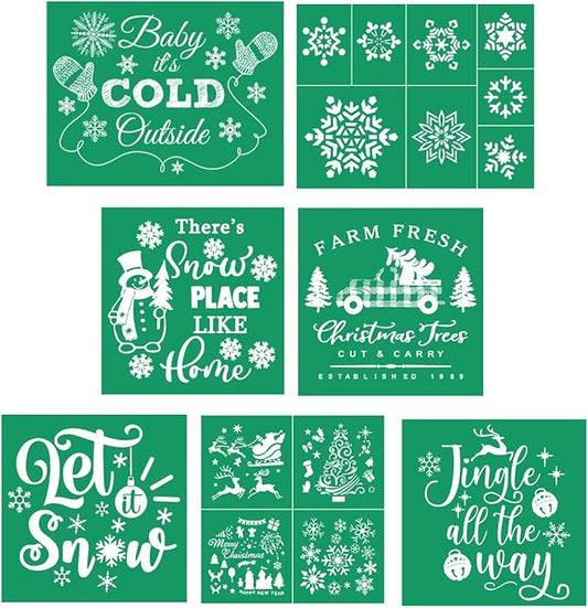 DGAGA 7PCS Christmas Silk Screen Stencils Reusable Self Adhesive Christmas Tree Chalk Mesh Transfers Silkscreen Pattern Stencil for Xmas Decoration, DIY Home and Wood Signs
