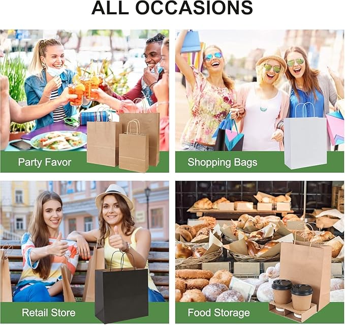 PAICUIKE 50Pcs Large Brown Paper Bags with Handles, 13x7x13 Inch Gift Bags for Business, Shopping, Party, Wedding & Birthday | Natural Brown Kraft Bags for Retail, Merchandise & Events
