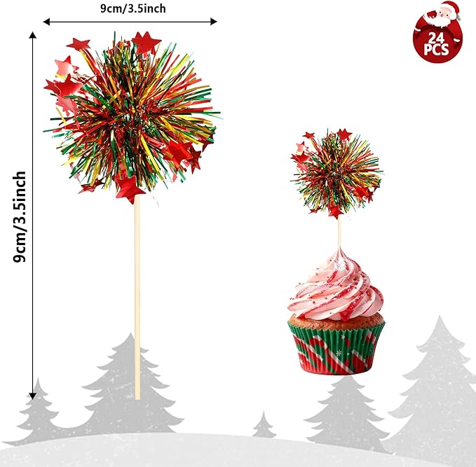 24Pcs Christmas Cupcake Toppers, Merry Christmas Foil Firework Cupcake Toppers Tinsel Drink Picks Winter Supplies Favor