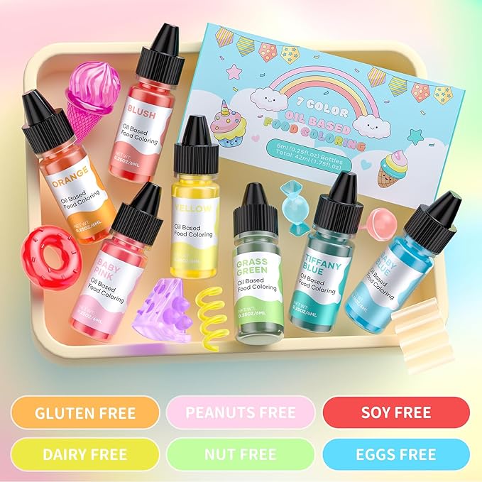 Cherrysea Oil Based Food Coloring for Chocolate Macaron Oil Edible Food Dye Set for Halloween Baking Royal Icing Cookie Supplies Gluten Free 7x6ml Food Grade Food Color Kit, 0.25 Fl. Oz/Bottles