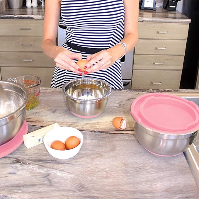 Stainless Steel Mixing Bowls with Lids and Non Slip Bases (Set of 3, Pink)