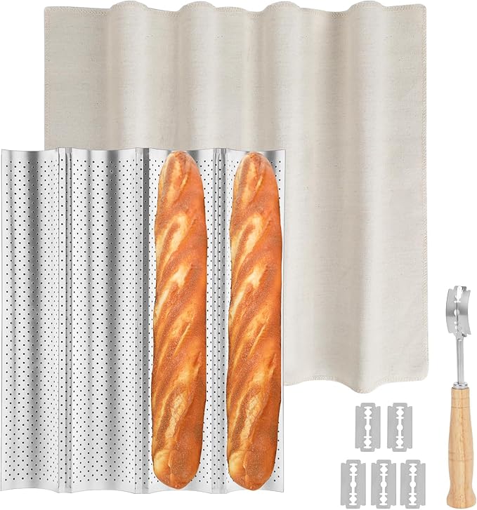 Silver French Baguette Bread Pan Kit, Non-Stick Baguette Tray with Proofing Cloth, Bread Lame for Baking